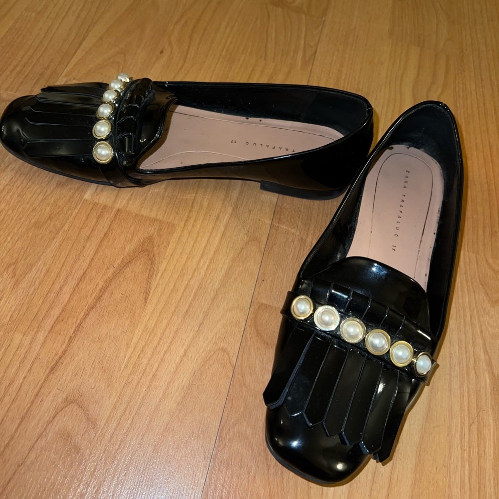 Zara Pearl Stud Embellished Black Tuxedo Flat Faux Patent Leather Fringe Loafer